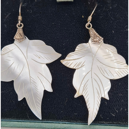 416 - Pair Vintage Silver Set Drop Earrings in the Form of Leaves. Fine Mother of Pearl in a Pale Cream Co... 