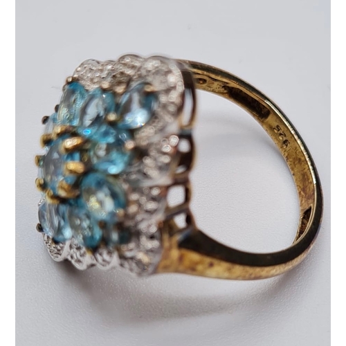 417 - Stone Set Silver Cluster Ring Having Blue Green Topaz Coloured Stones with Silver Beading Border to ... 