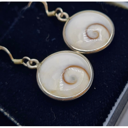 433 - Stone Set Silver Earrings with a Smooth Cream Circular Stone Inset.