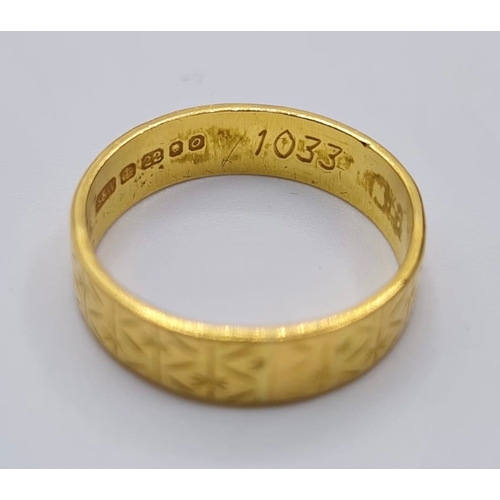 45 - 22ct Gold Band Having an Engine Turned Type Design. Full UK Hallmark for London and 22ct Gold. Quali... 