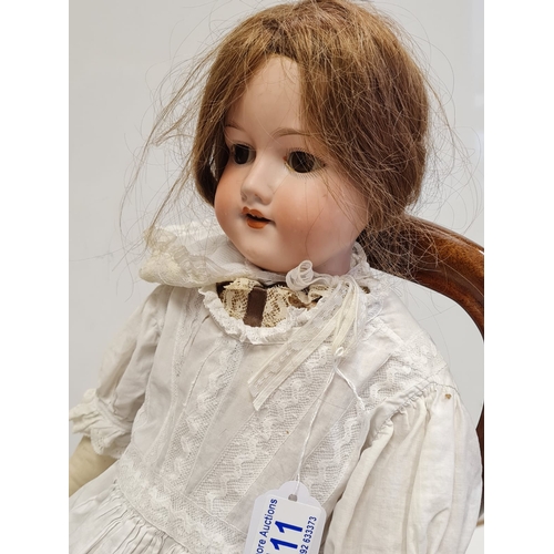 411 - Victorian Armand Marseille Doll, (Engraved on Back Neck). Real Hair Wearing Vintage Christening Dres... 