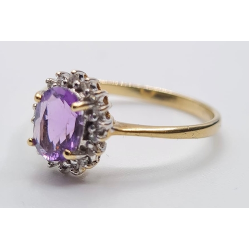 440 - 9ct Gold Amethyst and Diamond Ring. Oval Amethyst to Centre with Diamond Surround, Size P