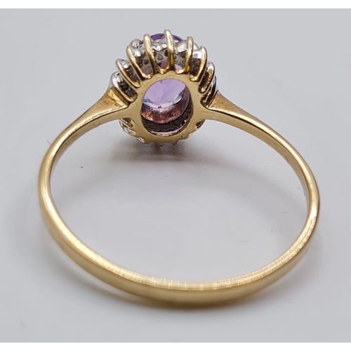 440 - 9ct Gold Amethyst and Diamond Ring. Oval Amethyst to Centre with Diamond Surround, Size P