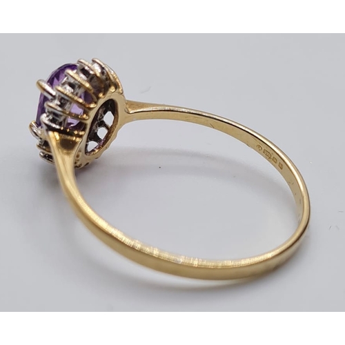 440 - 9ct Gold Amethyst and Diamond Ring. Oval Amethyst to Centre with Diamond Surround, Size P