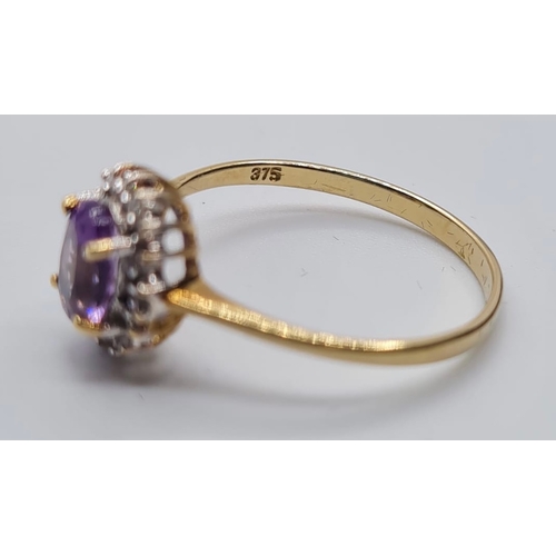 440 - 9ct Gold Amethyst and Diamond Ring. Oval Amethyst to Centre with Diamond Surround, Size P