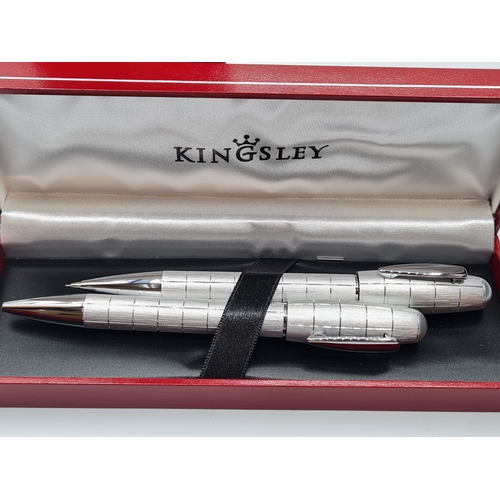 461 - Kingsley Pen and Pencil Set in Attractive Brushed Chrome Effect. Original Box, Original Case, Excell... 