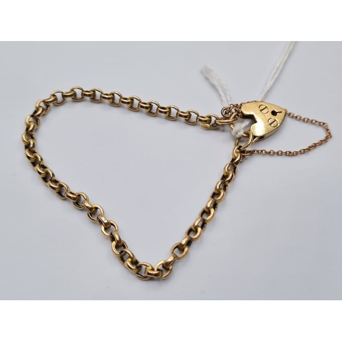 190 - Vintage 9ct gold belcher bracelet with heart shaped lock & safety chain. Weight 5.2g and length 15cm