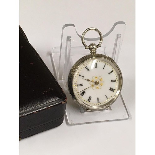 28 - Antique silver ladies pocket watch with box and key, 37mm case