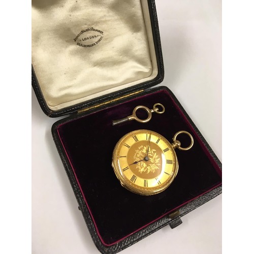 8 - Antique 18k solid gold Pocket watch with key and box, 38mm diameter and weight 34.6g approx