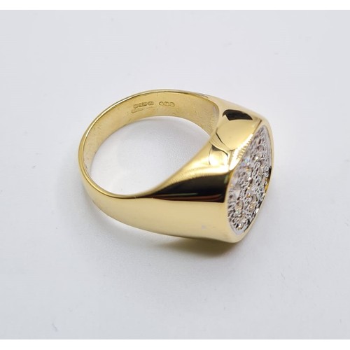 523 - 18CT YELLOW GOLD DIAMOND SIGNET RING, WEIGHT 12.7G. SIZE M