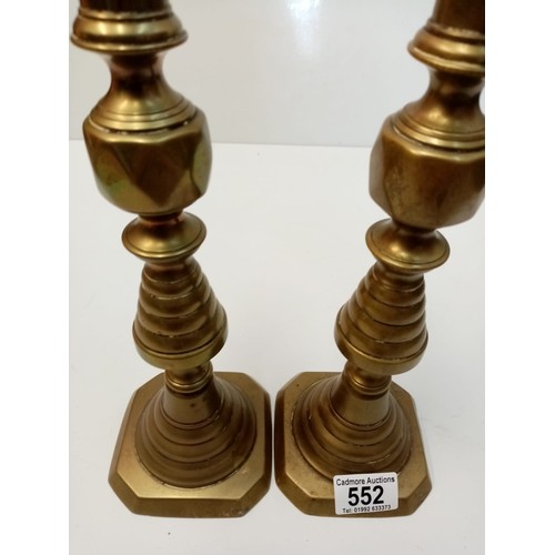 536 - Pair of Brass Candlesticks and Set of 5 Brass and Copper Vintage Skillets