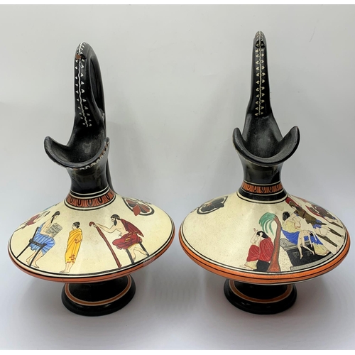 554 - Pair of hand painted Grecian Jugs based on Greek mythology, the capture of Troy and Parris's abducti... 