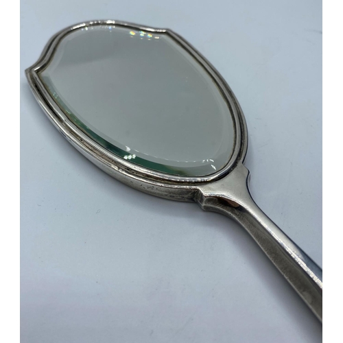 585 - Vintage Silver Art Deco hand held mirror, unusual shaped mirror with tapered handle and finial ..hal... 