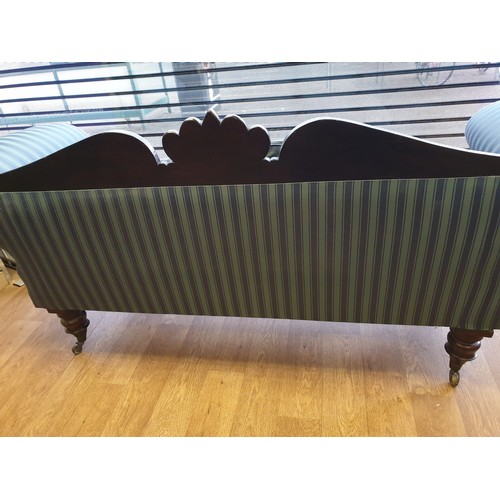 598 - Victorian Handmade Sofa on Casters, sympathetically restored ,finished in blue satin stripe  length ... 