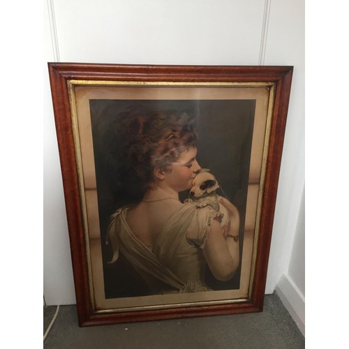 325 - Large picture/print of Victorian girl with puppy set in a n antique oak frame, 58x65cm