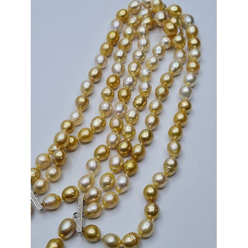 345 - 3 rows of south sea natural pearls  with diamond and 18ct gold clasp. Weight 150g