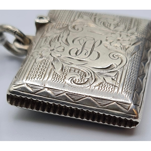 146 - Hand Engraved Silver Vesta Dated 1902 and Made in Birmingham, 19.3G, 4x3cms.