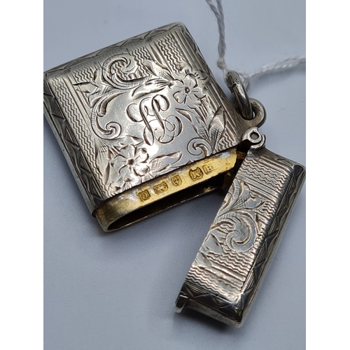 146 - Hand Engraved Silver Vesta Dated 1902 and Made in Birmingham, 19.3G, 4x3cms.