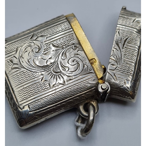 146 - Hand Engraved Silver Vesta Dated 1902 and Made in Birmingham, 19.3G, 4x3cms.