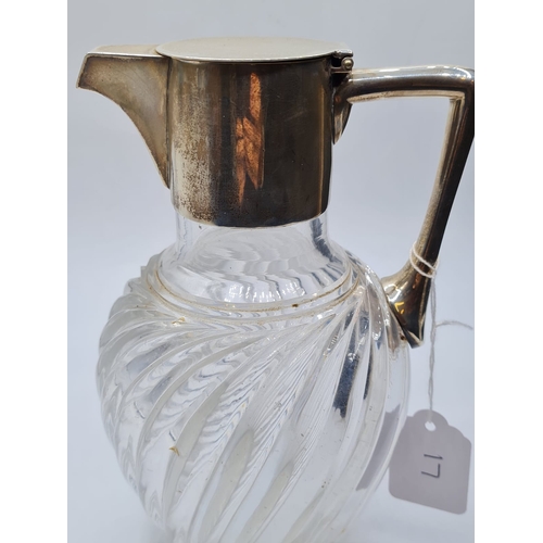 17 - Victorian Grecian Style Cut Glass Jug with Hallmarked Silver Collar and Spouted Lid, 1.05k, 20.5cm T... 