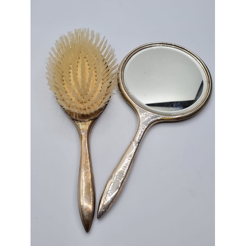 69 - Antique Silver Brush & Hand Mirror Set with Art Deco Design to Rear.