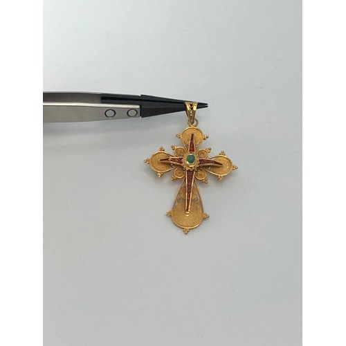 512 - Antique 15k yellow gold (tested) cross with enamel and cabochon emerald (2x3mm), 42mm long and 34mm ... 