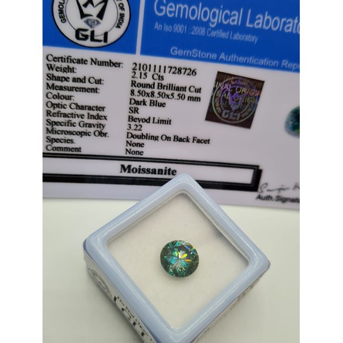 278 - 2.15ct Bluish Green Moissanite with certificate - eye clean stone