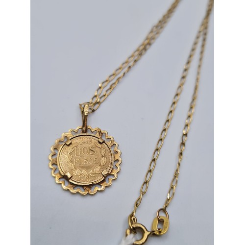 116 - 10 Peso Coin (21ct) in a 9ct Gold Setting ad on a 48cms 9ct Gold Necklace, 3.7g.