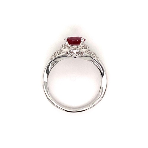 297 - 18k white gold ring with 1.45ct Mozambique pear ruby halo and 3 rows of 0.28ct diamonds (G/I, SI), w... 