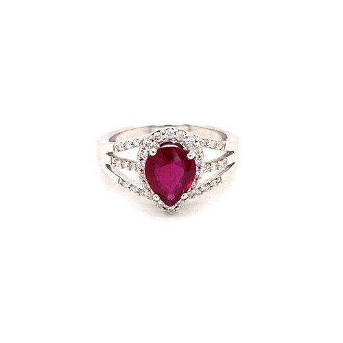 297 - 18k white gold ring with 1.45ct Mozambique pear ruby halo and 3 rows of 0.28ct diamonds (G/I, SI), w... 