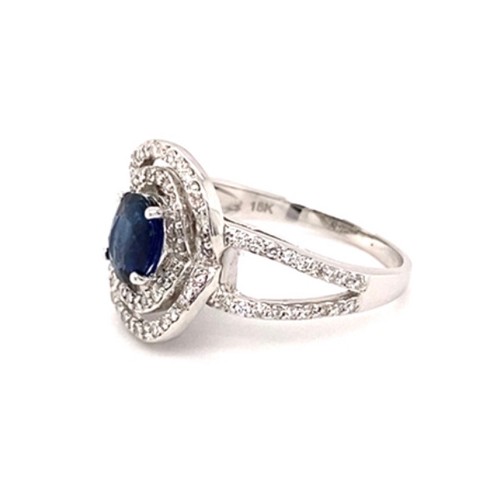 295 - 18k white gold halo ring with 1.15ct oval natural dark blue sapphire (Madagascar) double halo and 0.... 