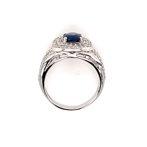 295 - 18k white gold halo ring with 1.15ct oval natural dark blue sapphire (Madagascar) double halo and 0.... 