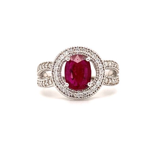 291 - 18k white gold Milgrain round halo ring with 1.30ct Mozambique oval ruby and 0.43ct diamond shoulder... 