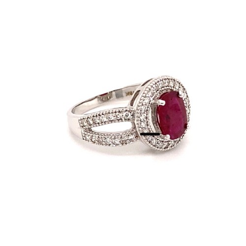 291 - 18k white gold Milgrain round halo ring with 1.30ct Mozambique oval ruby and 0.43ct diamond shoulder... 