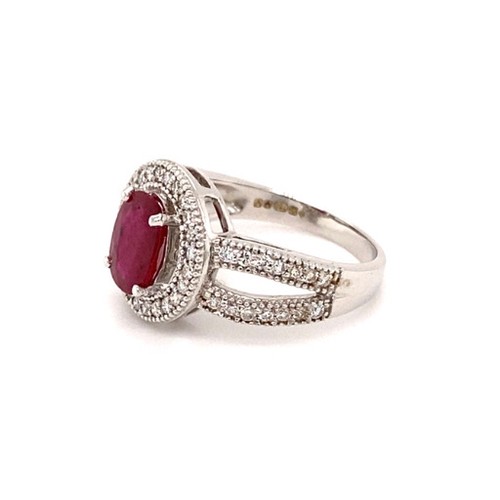 291 - 18k white gold Milgrain round halo ring with 1.30ct Mozambique oval ruby and 0.43ct diamond shoulder... 