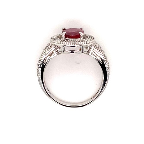 291 - 18k white gold Milgrain round halo ring with 1.30ct Mozambique oval ruby and 0.43ct diamond shoulder... 