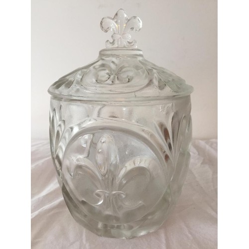 638 - Vintage 1940’s/50’s Glass Biscuit Barrel Having Fleur De Lys Impressions in Glass Sides. Matching Li... 