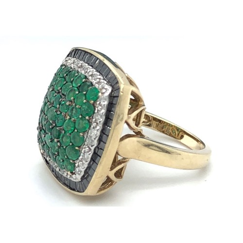 264 - Antique 10K yellow gold ring with cluster green emerald and 1.5ct diamonds approx, weight 8.1g and s... 