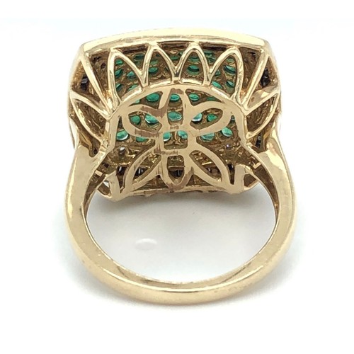 264 - Antique 10K yellow gold ring with cluster green emerald and 1.5ct diamonds approx, weight 8.1g and s... 