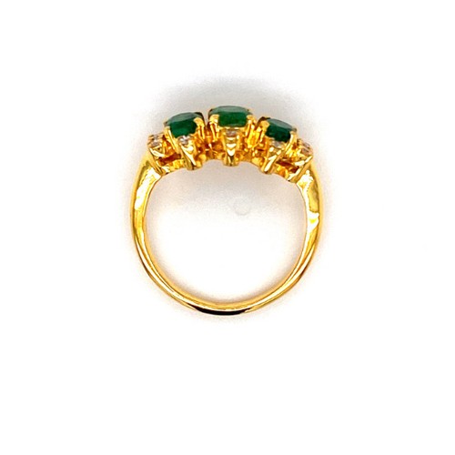 261 - 21k yellow gold emerald and diamond ring with trilogy green emeralds (oval natural, 1.5ct SI approx)... 