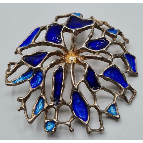 326 - Large Vintage Silver Brooch by David Andersen of Norway. Having Modernist Form with Blue and Turquoi... 