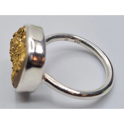 394 - Silver Ring with Square Mount Having Gold Sparkling Surface to Top. 925 Silver. Size N 1/2.