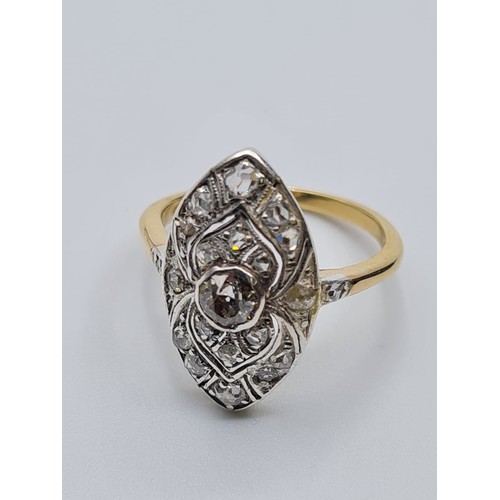 533 - Art deco ring in 18ct gold with 0.25ct centre diamond stone surrounded by small diamonds, weight 3g ... 