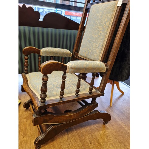 637 - Victorian Square Back Upholstered Rocking Chair on Casters, 106 cms High.