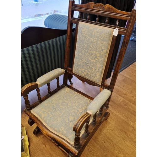 637 - Victorian Square Back Upholstered Rocking Chair on Casters, 106 cms High.