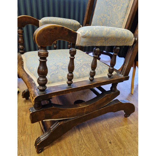 637 - Victorian Square Back Upholstered Rocking Chair on Casters, 106 cms High.