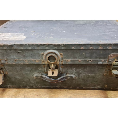 329 - A WW2 Officer travelling trunk (well used) with leather straps, 76x41x30cm