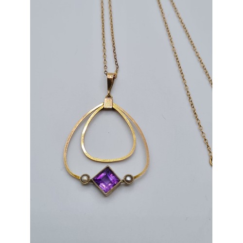 627 - Victorian 9ct gold amethyst and seed pearl pendant on a 40cm chain, weight 2.6g