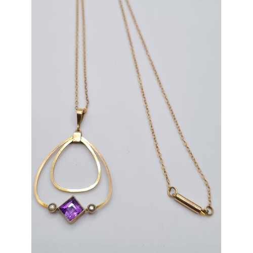 627 - Victorian 9ct gold amethyst and seed pearl pendant on a 40cm chain, weight 2.6g