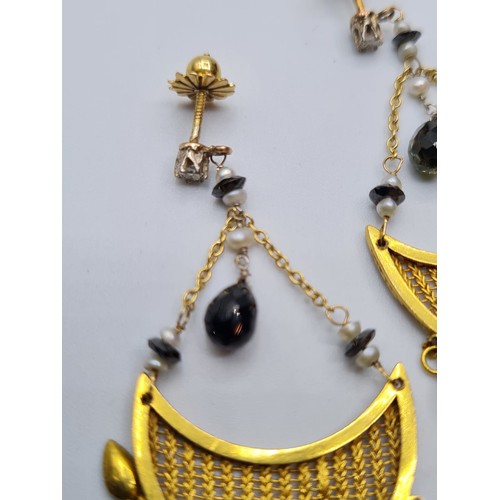 619 - 22ct gold black diamonds and pearl earrings, weight 6.3g